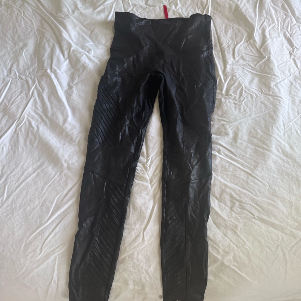 SPANX Black Faux Leather Leggings with Red Brand Tag